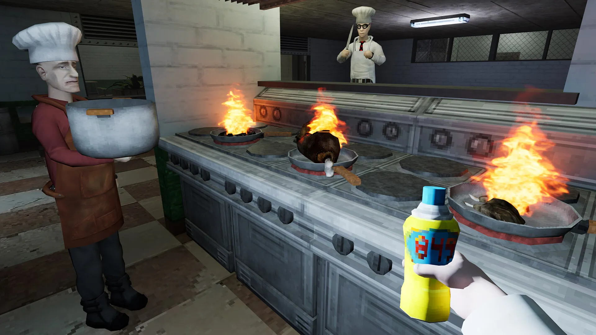 Captura Abiotic Factor Incendio En La Cocina Mientras Se Rocia Extintor Hacia La Estufa