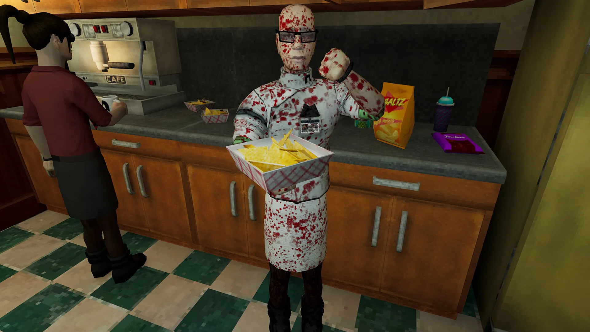 Captura Abiotic Factor Personaje En Cocina Con Vendas Y Cajas Rodeado De NPCs