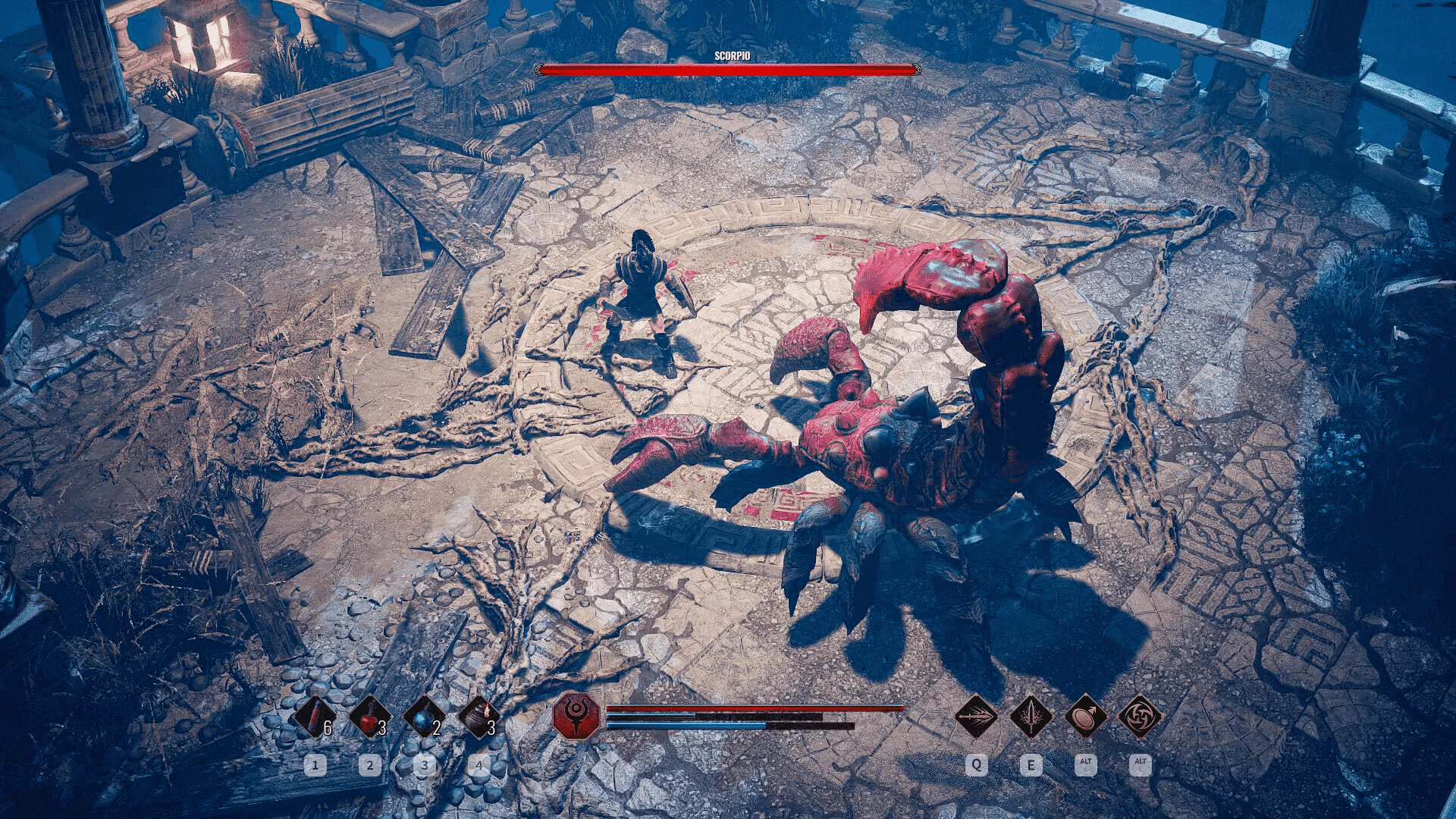 Captura Achilles Legends Untold – Combate Con Un Escorpion Gigante Rojo En Una Arena Rodeada De Columnas