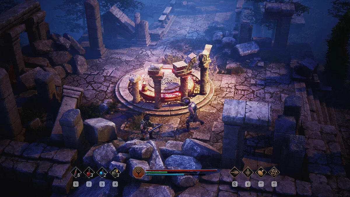 Captura Achilles Legends Untold – Duelo Entre Dos Guerreros En Unas Ruinas Circulares Iluminadas Con Simbolos Magicos