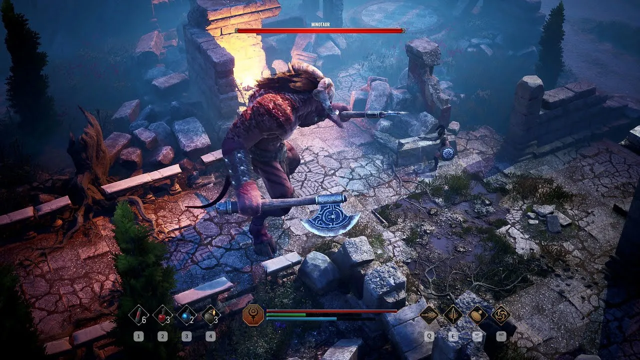 Captura Achilles Legends Untold – Enfrentamiento Con Un Enorme Minotauro Armado Dentro De Un Templo Derruido