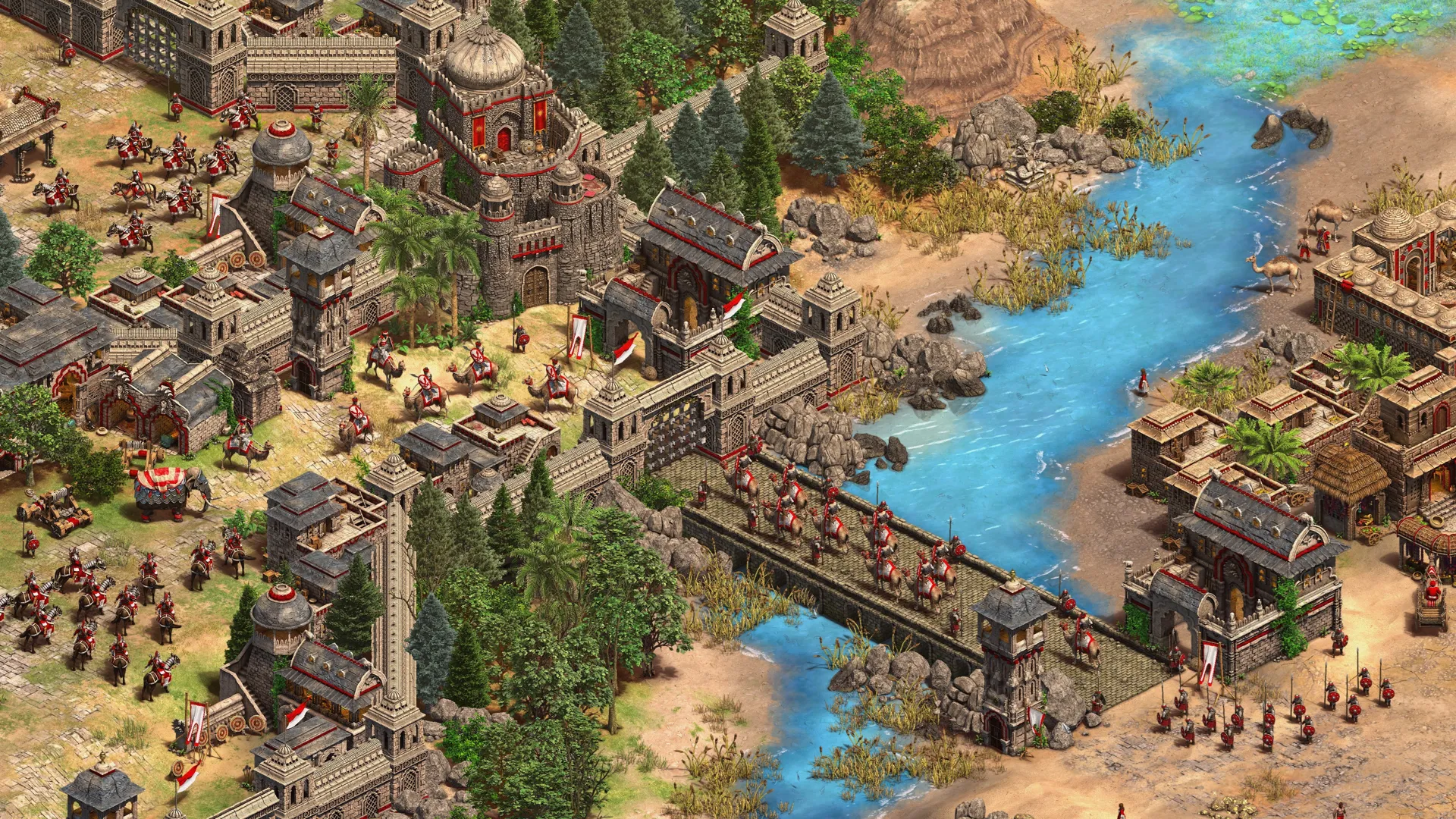 Captura Age Of Empires II Definitive Edition – Fortaleza De Piedra Con Caballeria Cruzando Un Puente Hacia Un Entorno Selvatico