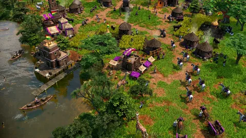 Captura Age Of Empires III Definitive Edition – Asentamiento Africano Con Chozas Animales Campesinos Y Actividad Comercial Junto A Un Rio