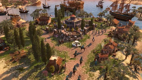 Captura Age Of Empires III Definitive Edition – Un Centro Urbano Rodeado De Arboles Y Soldados Montados Frente A Barcos En La Costa