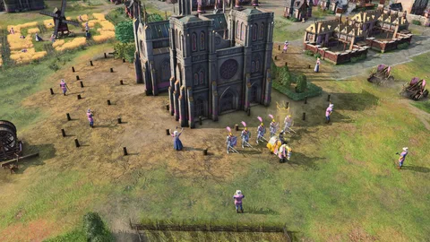 Captura Age Of Empires IV Anniversary Edition – Un Grupo De Aldeanos Y Soldados Frente A Una Gran Catedral Gotica En Medio De Una Aldea