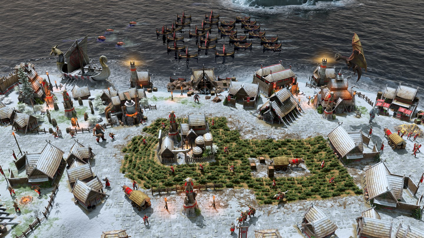 Captura Age Of Mythology Retold – Aldea Nevada Con Casas Vikingas Y Tropas Alrededor Del Asentamiento Costero