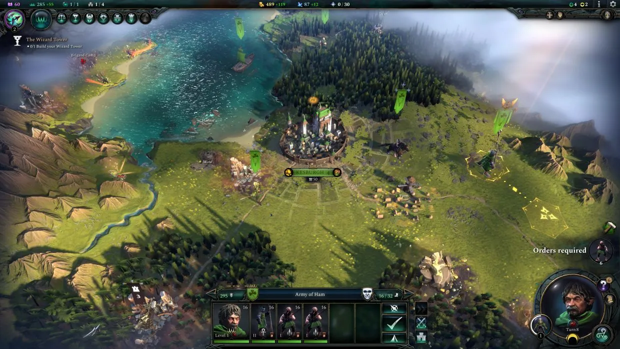 Captura Age Of Wonders 4 – Region De Costa Con La Ciudad De Kesburgh Y Unidades Militares En Movimiento