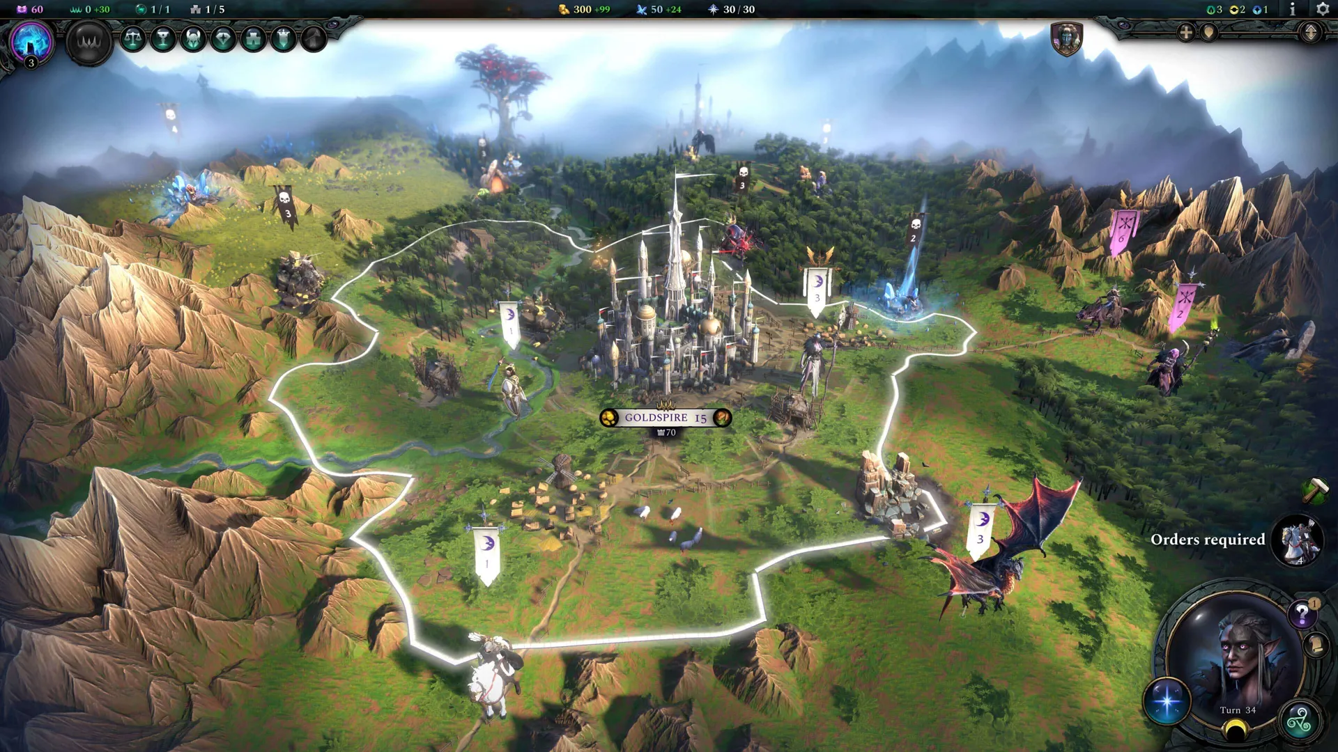 Captura Age Of Wonders 4 – Vista Aerea Del Reino De Goldspire Con Fronteras Montanas Y Criaturas