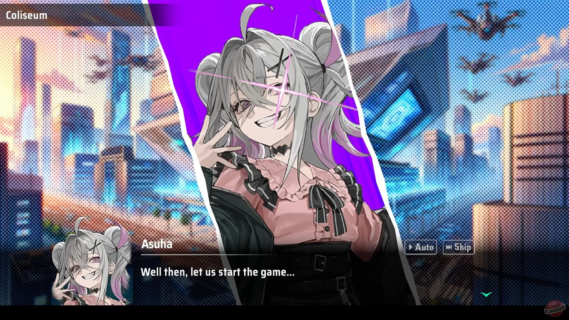 Captura All In Abyss Judge The Fake – Dialogo Entre Personajes Con Fondo De Ciudad Futurista