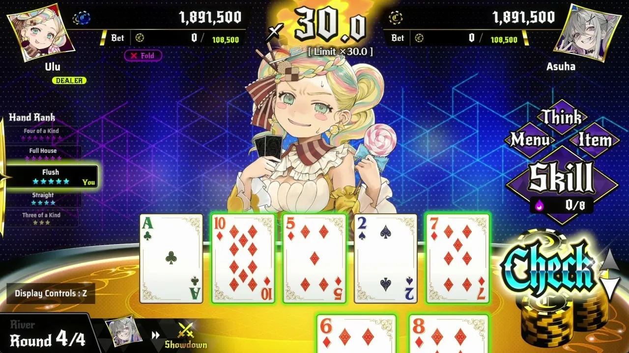 Captura All In Abyss Judge The Fake – Partida De Poker Con Interfaz Colorida Y Personaje Anime