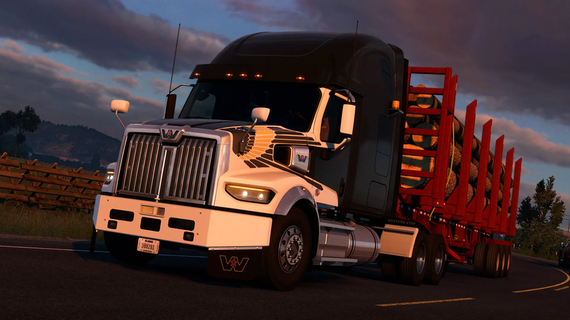 Captura American Truck Simulator – Camion Negro Transportando Troncos Al Atardecer
