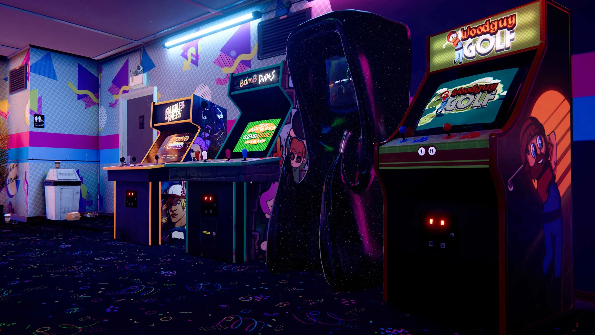 Captura Arcade Paradise – Pasillo Oscuro Con Maquinas Arcade Encendidas Al Fondo