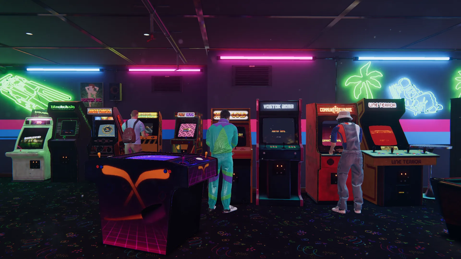 Captura Arcade Paradise – Sala Retro Con Maquinas Arcade Encendidas Y Personajes Iluminados Por Luces Neon