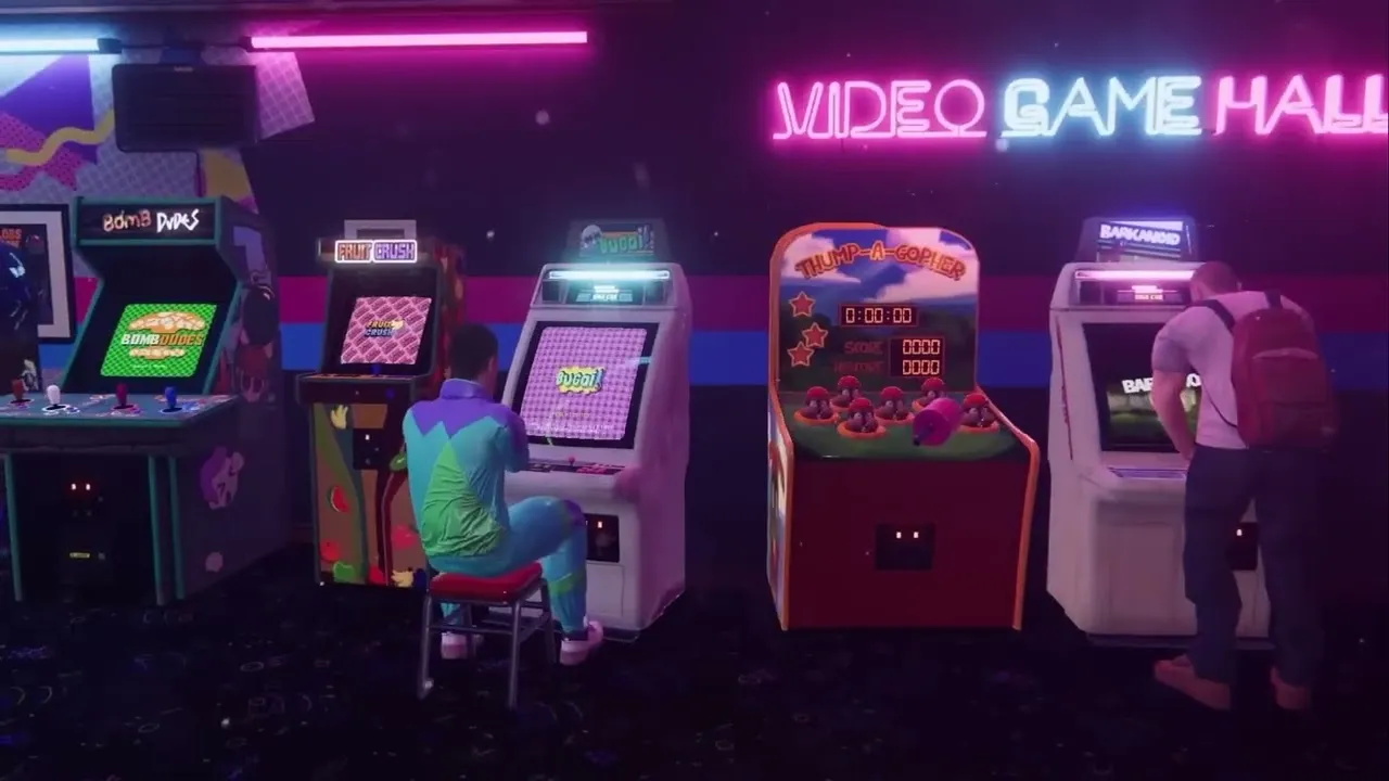 Captura Arcade Paradise – Vista Interior Con Varias Maquinas Arcade Activas Y Dos Jugadores