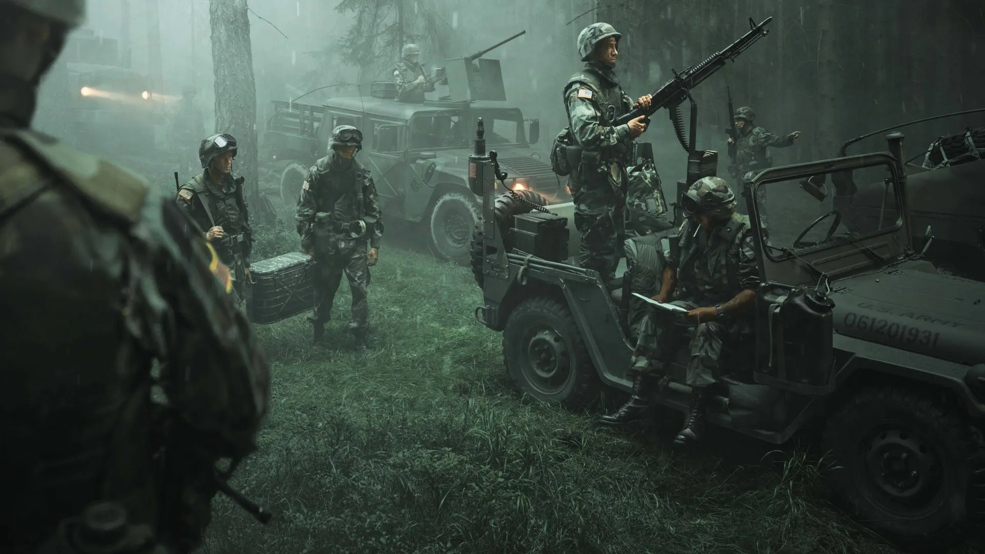 Captura Arma Reforger – Grupo Militar Armado Junto A Jeep En Zona Neblinosa