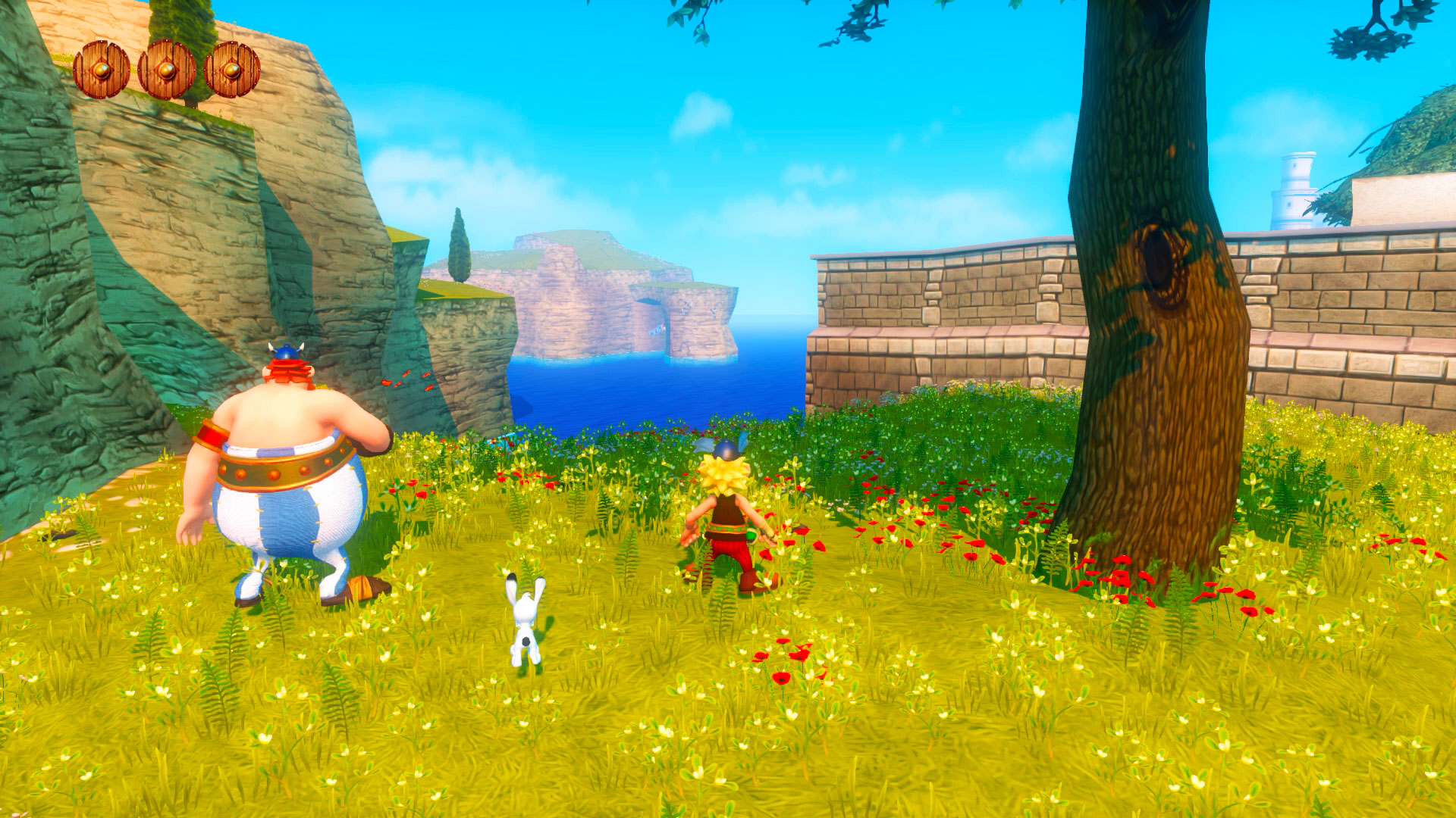 Captura Asterix Obelix XXL Romastered – Asterix Obelix Y Dogmatix Recorren Un Campo Florido Junto A Un Acantilado Frente Al Mar