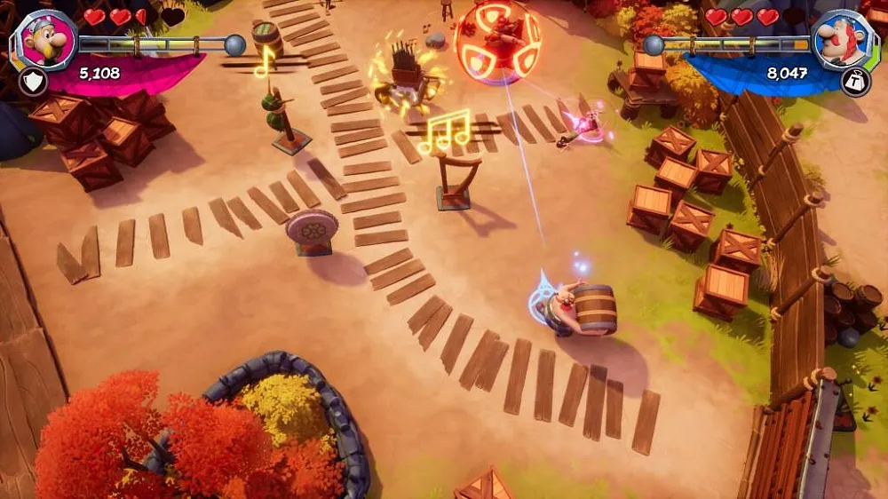 Captura Asterix Obelix XXXL The Ram From Hibernia – Escenario Otonal Con Combate Entre Cajas De Madera Y Notas Musicales Flotando