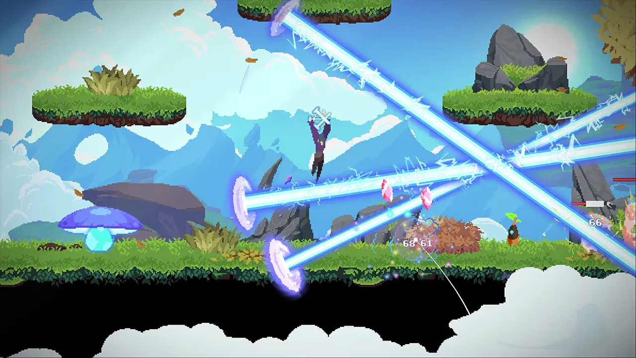 Captura Astral Ascent – Personaje Lanza Multiples Rayos Magicos Diagonales Desde El Aire En Una Zona De Plataformas Flotantes