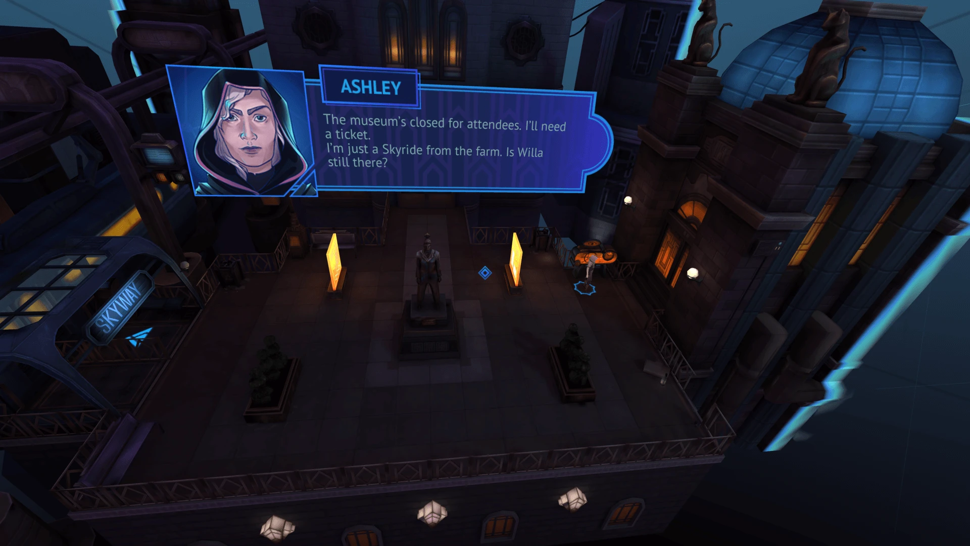 Captura Augmented Empire – Dialogo Holografico Azul Con Personaje Visible En Un Entorno Urbano Futurista