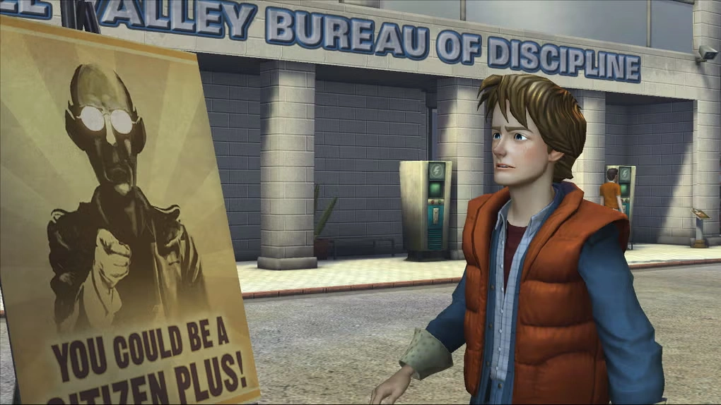 Captura Back To The Future The Game – Marty Observa Un Cartel Propagandistico Frente A Un Edificio Oficial