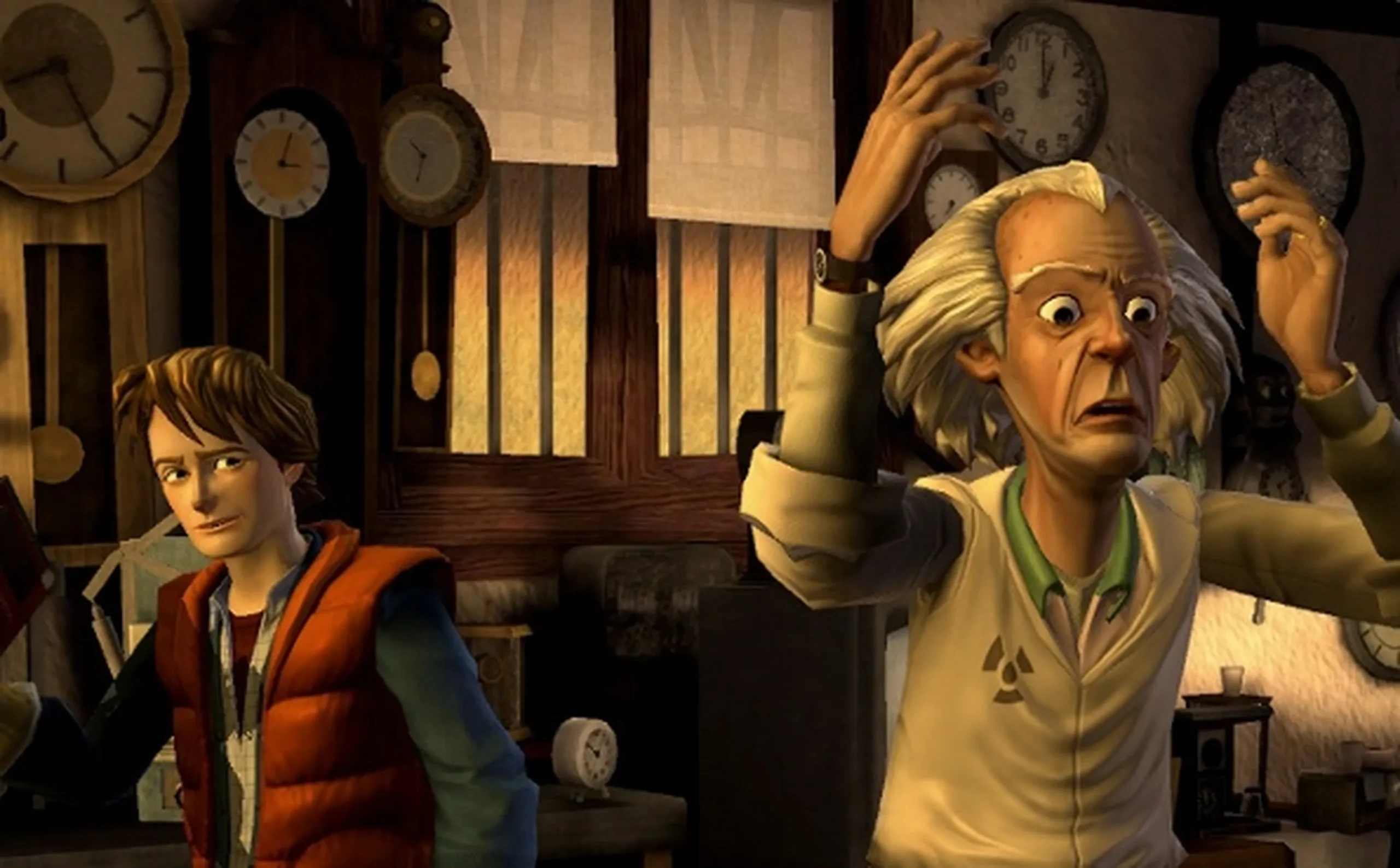 Captura Back To The Future The Game – Marty Y Doc En El Taller Rodeados De Relojes Mientras Discuten Una Idea Scaled