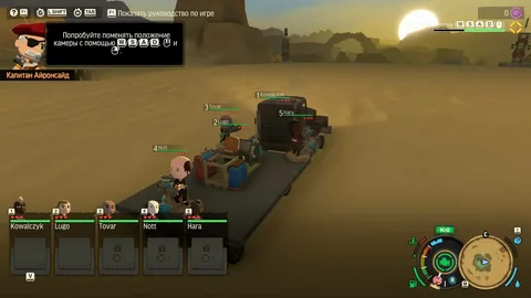 Captura Badlands Crew – Un Vehiculo Abierto Avanza Por El Desierto Mientras Cinco Personajes Van Sentados Sobre Su Plataforma