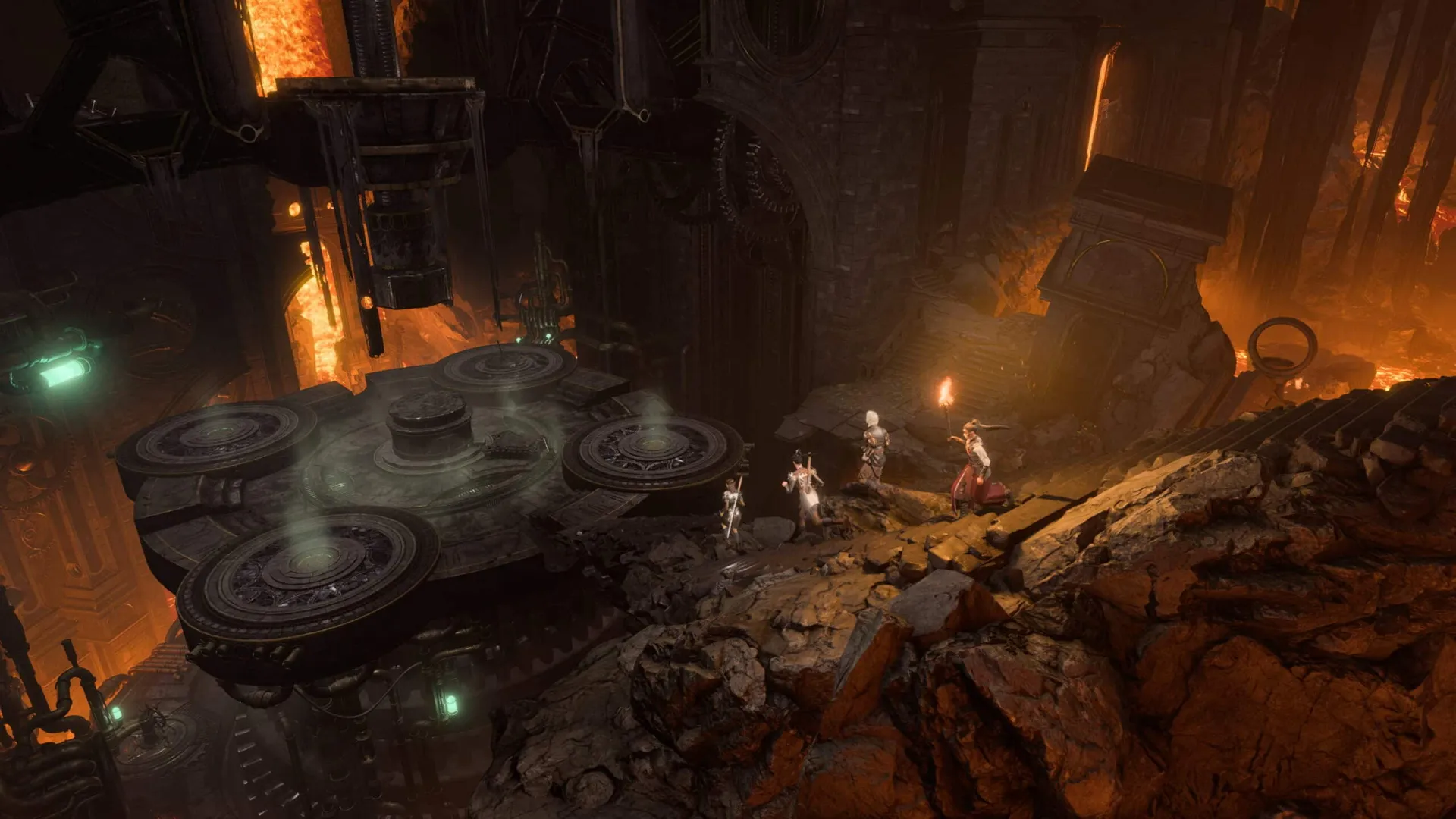 Captura Baldurs Gate 3 Deluxe Edition – Grupo De Aventureros Camina Por Un Entorno Subterraneo Con Lava Y Maquinaria Antigua
