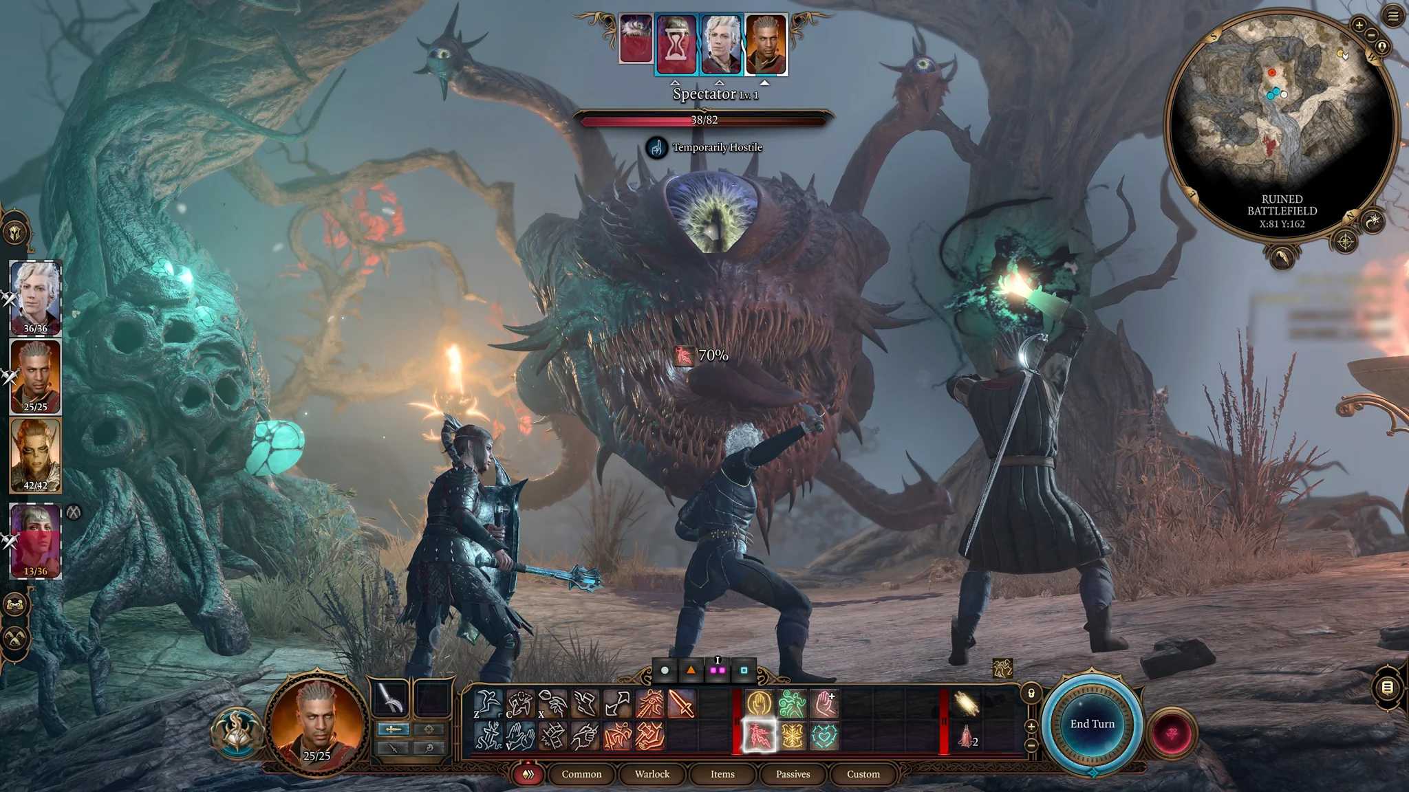 Captura Baldurs Gate 3 Deluxe Edition – Tres Personajes Enfrentan A Un Monstruo Flotante Con Multiples Ojos En Un Bosque De Aspecto Alienigena