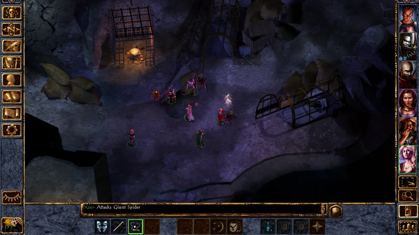 Captura Baldurs Gate Enhanced Edition – Combate Contra Aranas Gigantes En Una Caverna Oscura Con Jaulas Metalicas