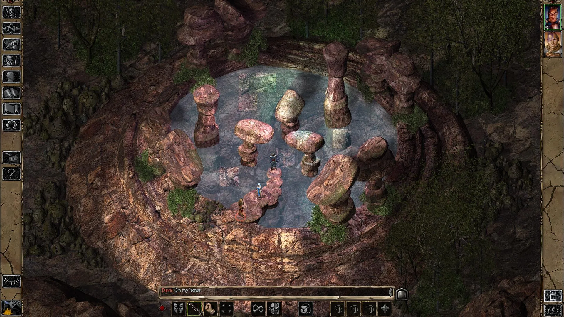 Captura Baldurs Gate Enhanced Edition – Tres Aventureros Caminan Por Un Estanque Rodeado De Piedras Gigantes En Un Claro Del Bosque