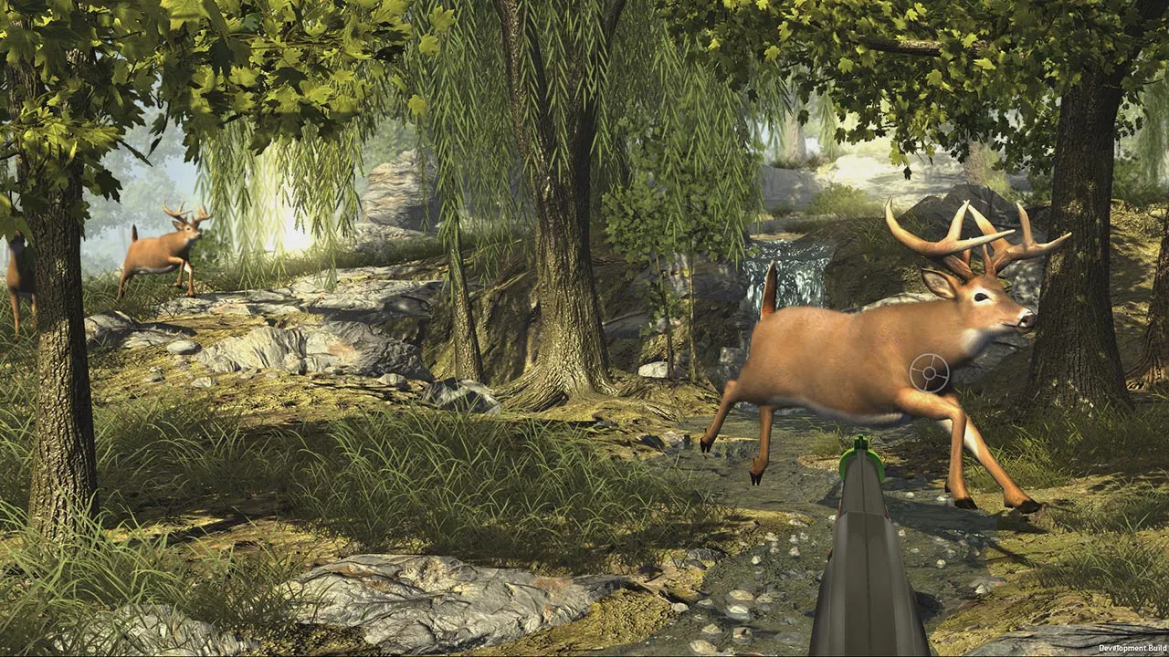 Captura Big Buck Hunter Ultimate Trophy – Escena De Caza En Un Bosque Frondoso Con Un Ciervo En La Mira