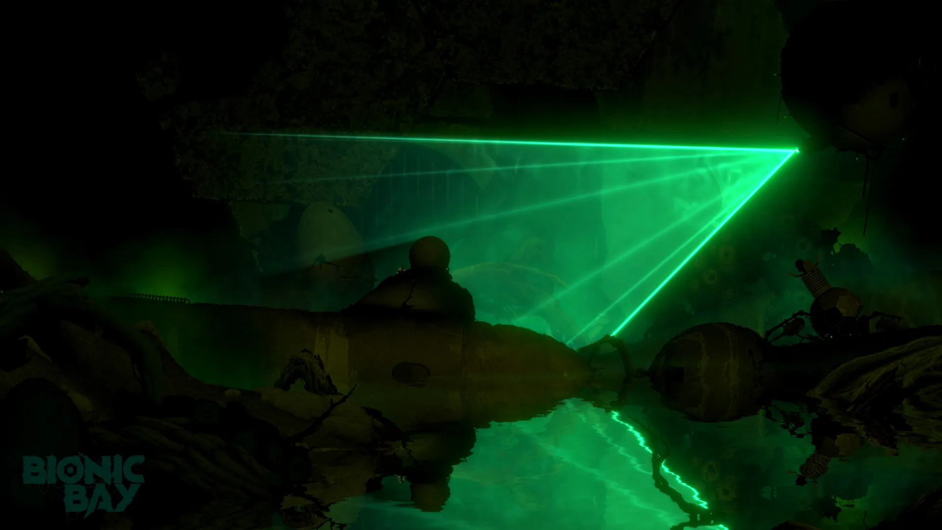 Captura Bionic Bay – Capsula Brillante Flotando En Una Sala De Luces Verdes