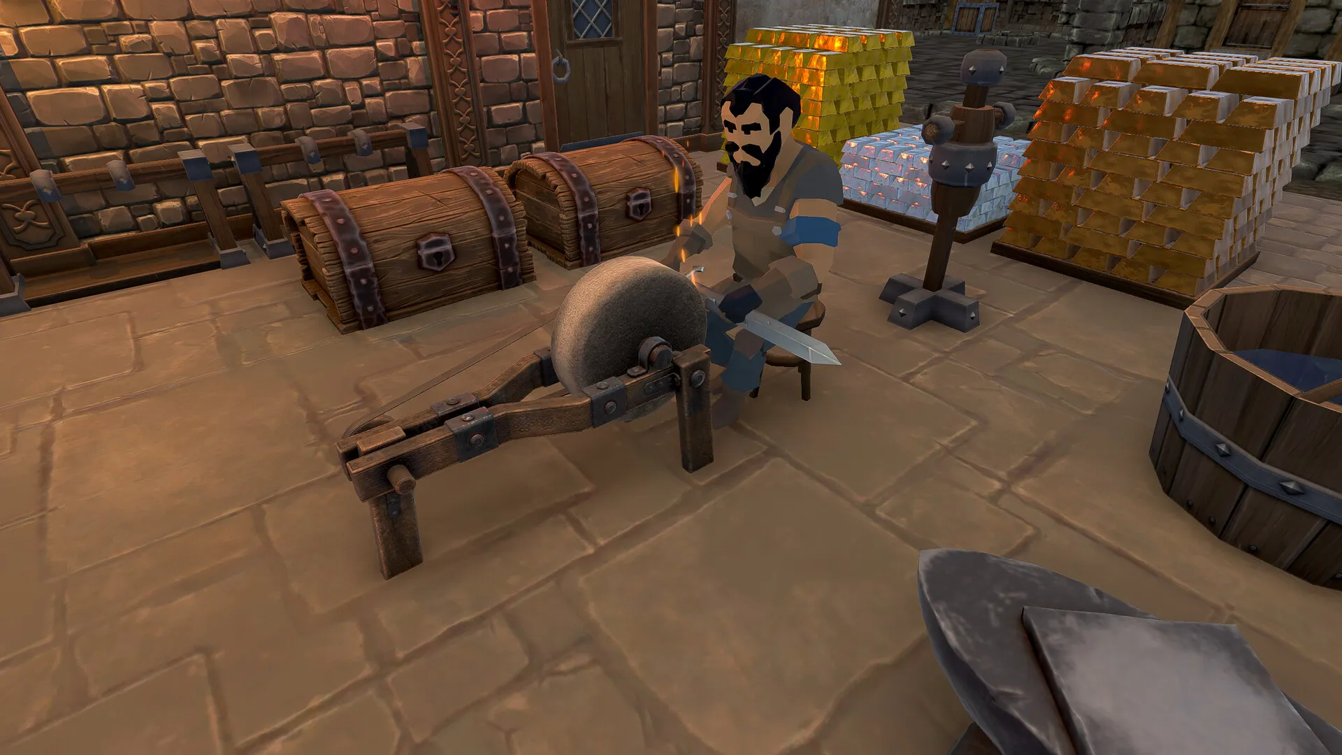 Captura Blacksmith Master Herrero Trabajando Con Una Piedra De Afilar En Taller Medieval