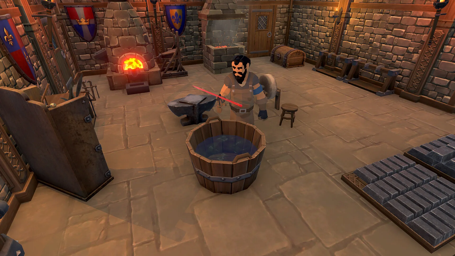 Captura Blacksmith Master Vista Superior Del Taller Con Herramientas Fuego Y Forja Activa