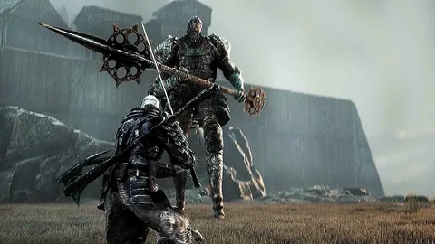 Captura Bleak Faith Forsaken – Combate Entre Guerreros En Un Paisaje De Estructuras Colosales