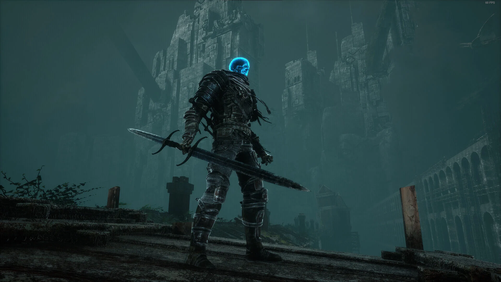 Captura Bleak Faith Forsaken – Guerrero Con Armadura Oscura Enfrentando A Un Enemigo Gigante Biomecanico En Un Paisaje Sombrio