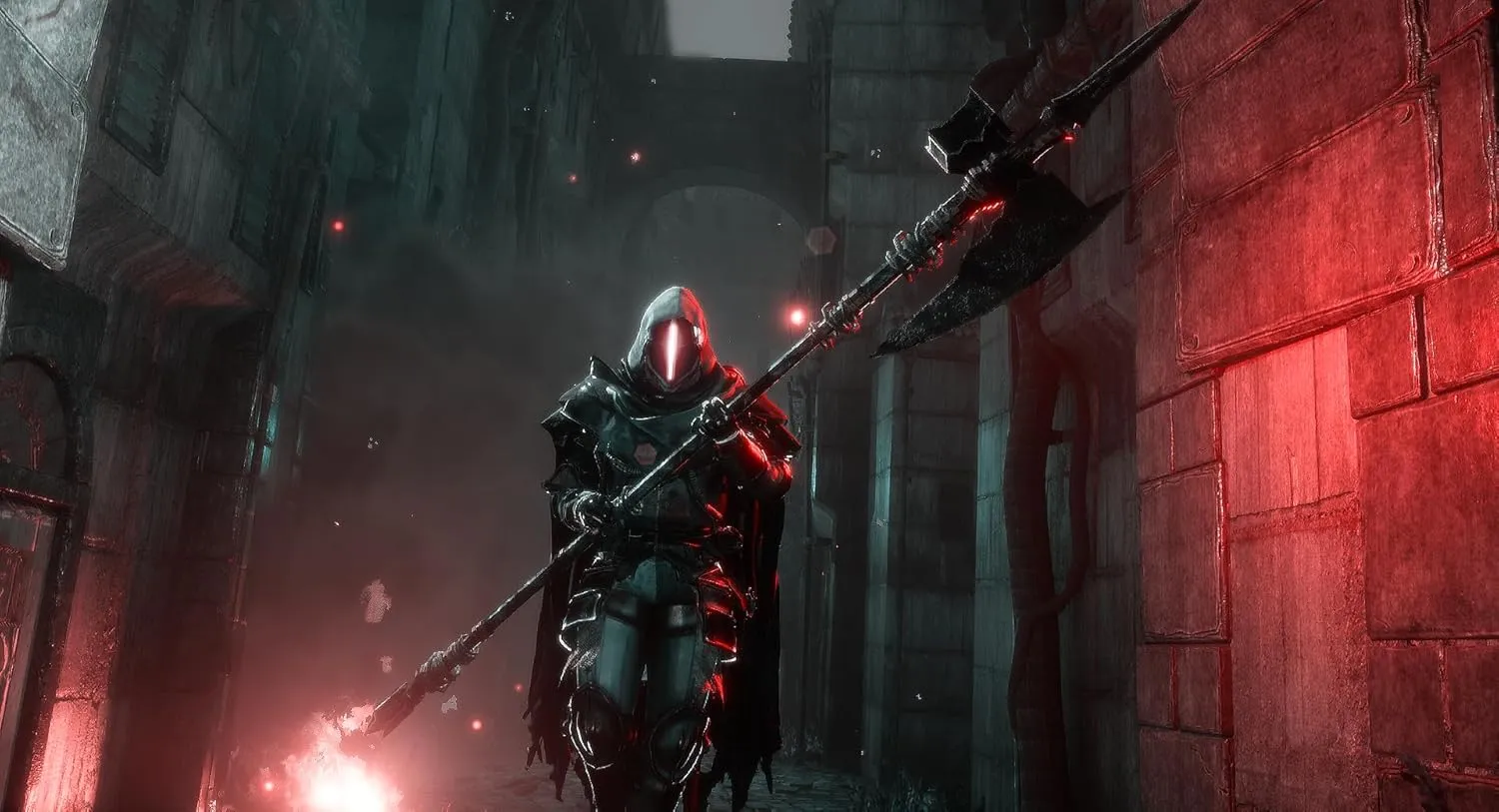 Captura Bleak Faith Forsaken – Guerrero Con Armadura Sosteniendo Lanza Bajo Una Luz Roja Intensa