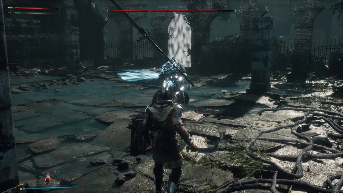 Captura Bleak Faith Forsaken – Guerrero Oscuro Enfrentandose A Un Enemigo En Un Coliseo En Ruinas Bajo La Lluvia