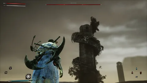 Captura Bleak Faith Forsaken – Personaje De Espaldas Observando Una Torre Retorcida Que Flota Sobre Un Paraje Desolado