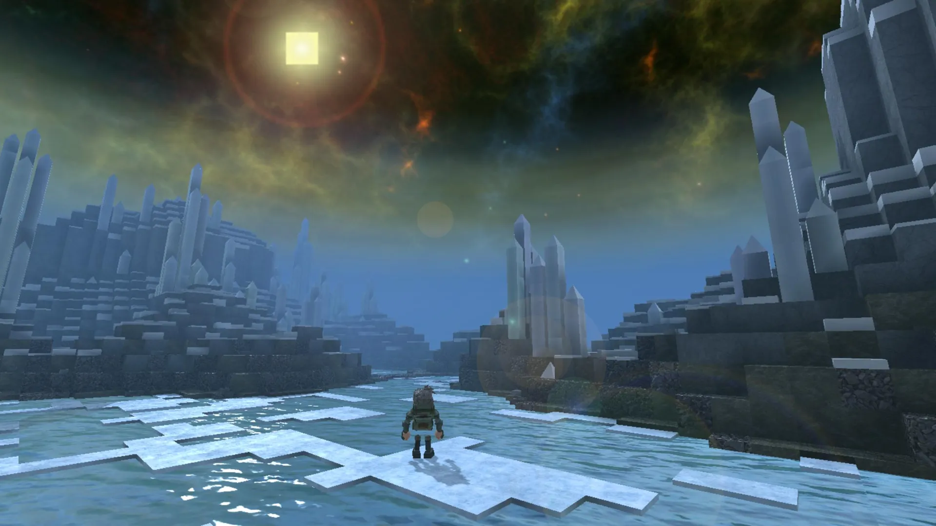 Captura Block Fortress 2 – Entorno Nevado Con Personaje Caminando Hacia Estructuras Puntiagudas