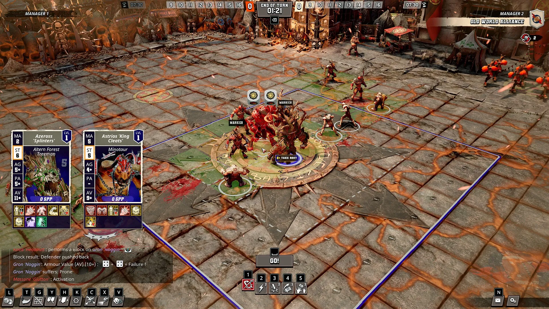 Captura Blood Bowl 3 Vista Aerea De Un Turno Con Varias Cartas Activas Y Personajes Alineados