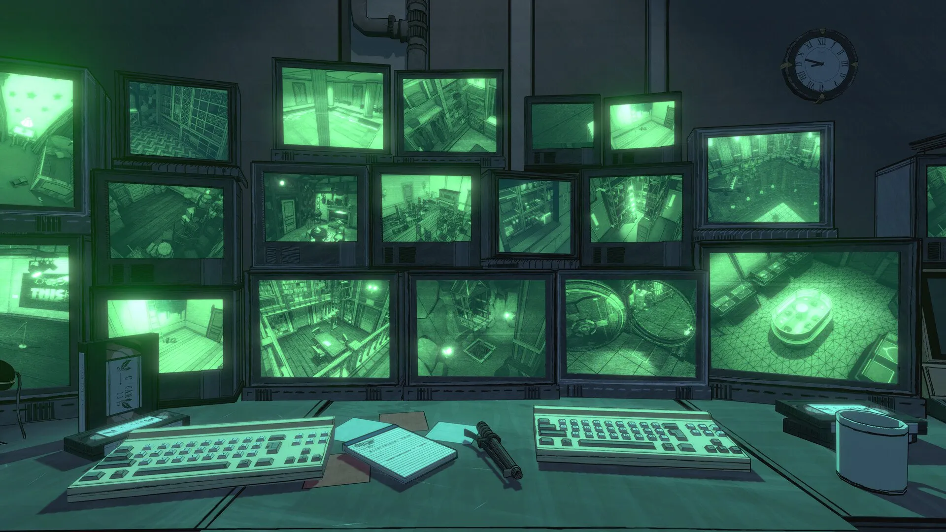 Captura Blue Prince Sala De Vigilancia Con Decenas De Monitores Mostrando Camaras Verdes