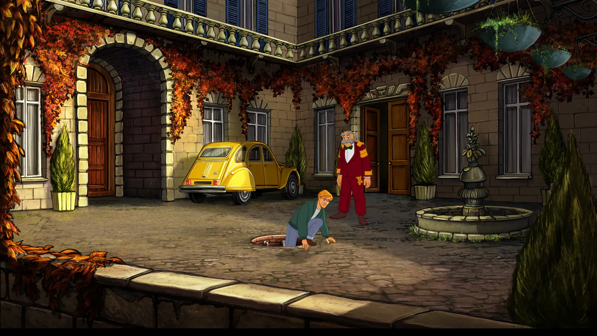 Captura Broken Sword The Serpents Curse Escena En Un Callejon Con Un Hombre Junto A Un Cuerpo Tendido Y Una Camioneta Amarilla