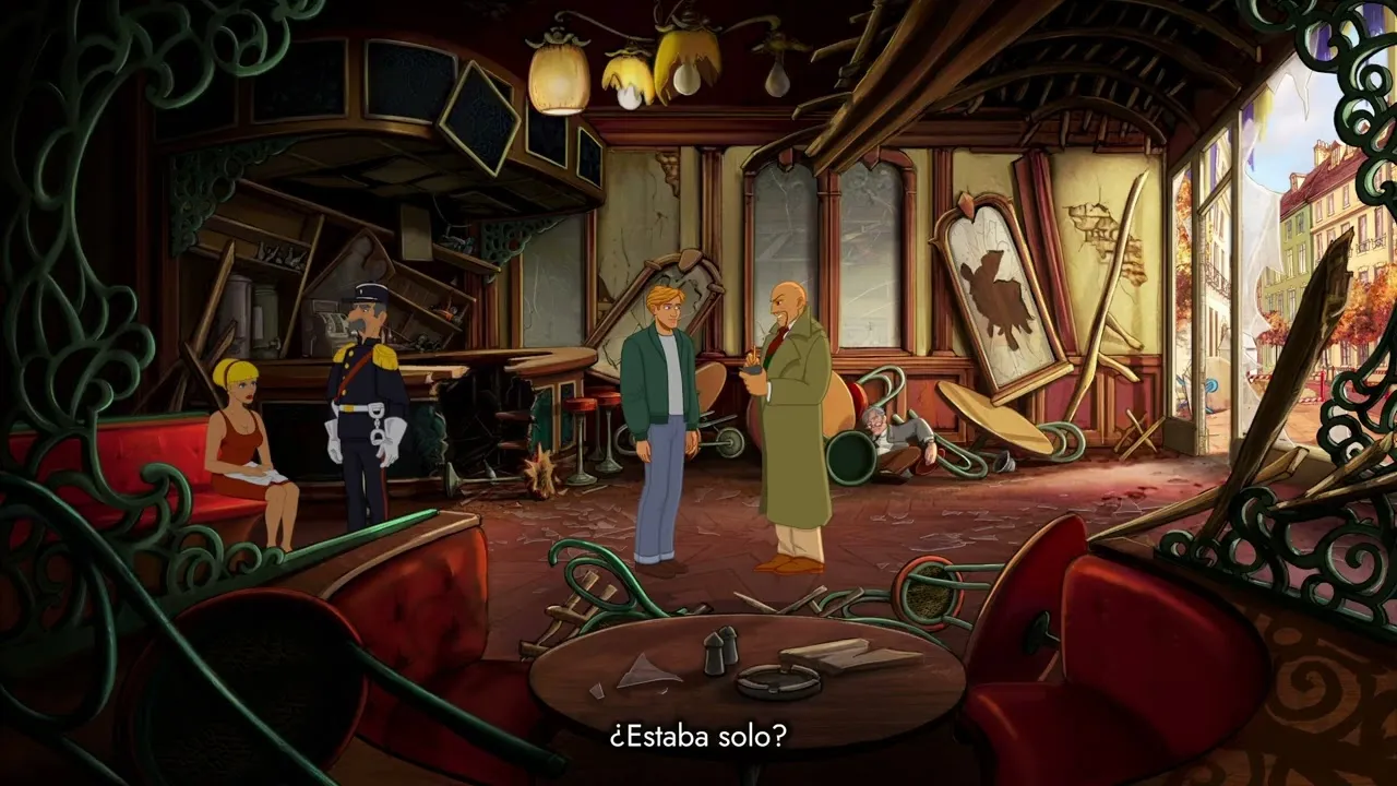 Captura Broken Sword The Serpents Curse Interior Rustico Con Personajes Hablando Alrededor De Una Alfombra Roja