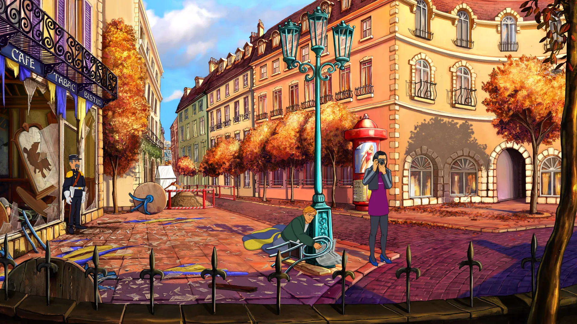 Captura Broken Sword The Serpents Curse Una Plaza Europea Con Una Fuente Arboles Otonales Y Un Hombre Vestido De Rojo