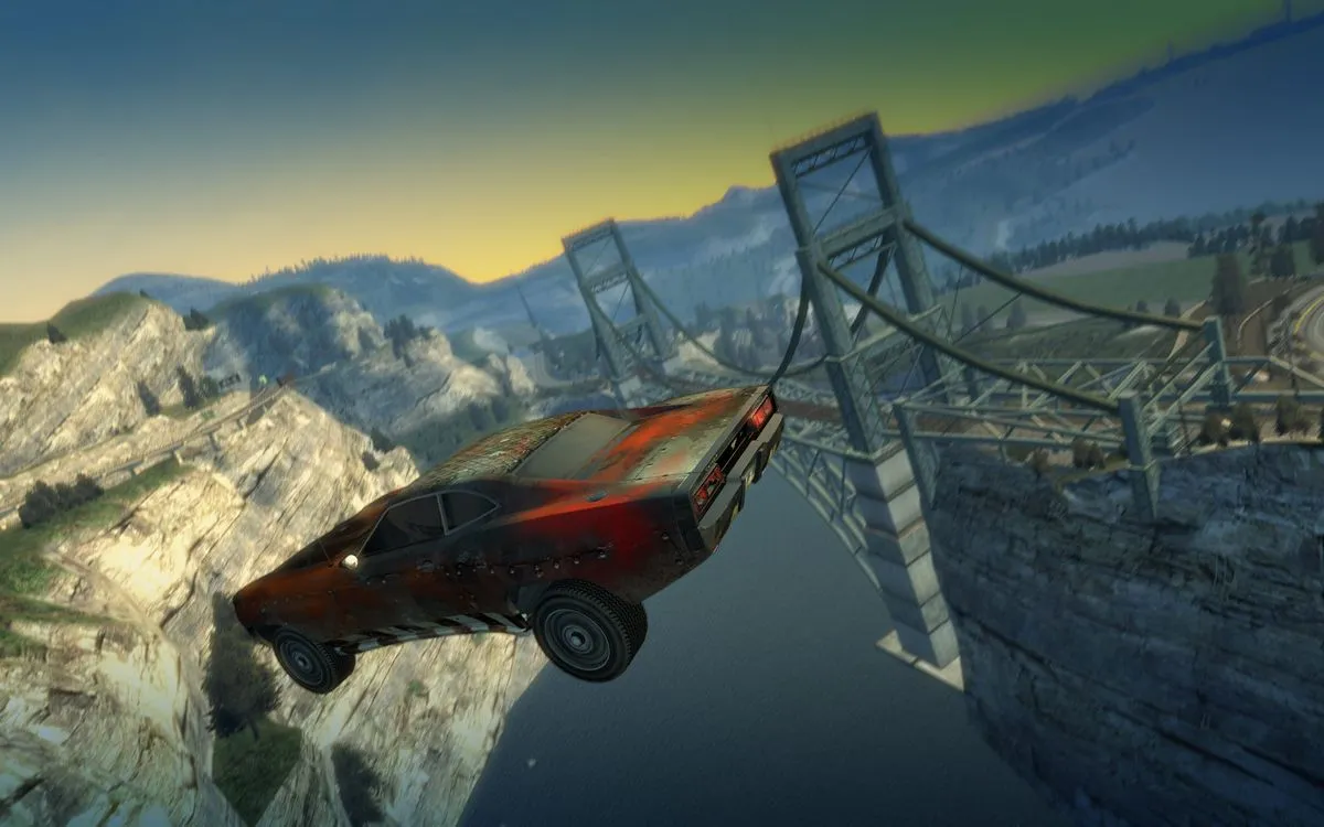Captura Burnout Paradise The Ultimate Box – Auto Rojo Cayendo Desde Un Puente En Ruinas Hacia El Vacio