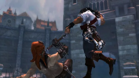 Captura Captain Blood – Duelo Con Espadas Frente A Una Fortaleza Mientras Un Pirata Ataca A Otro En El Suelo