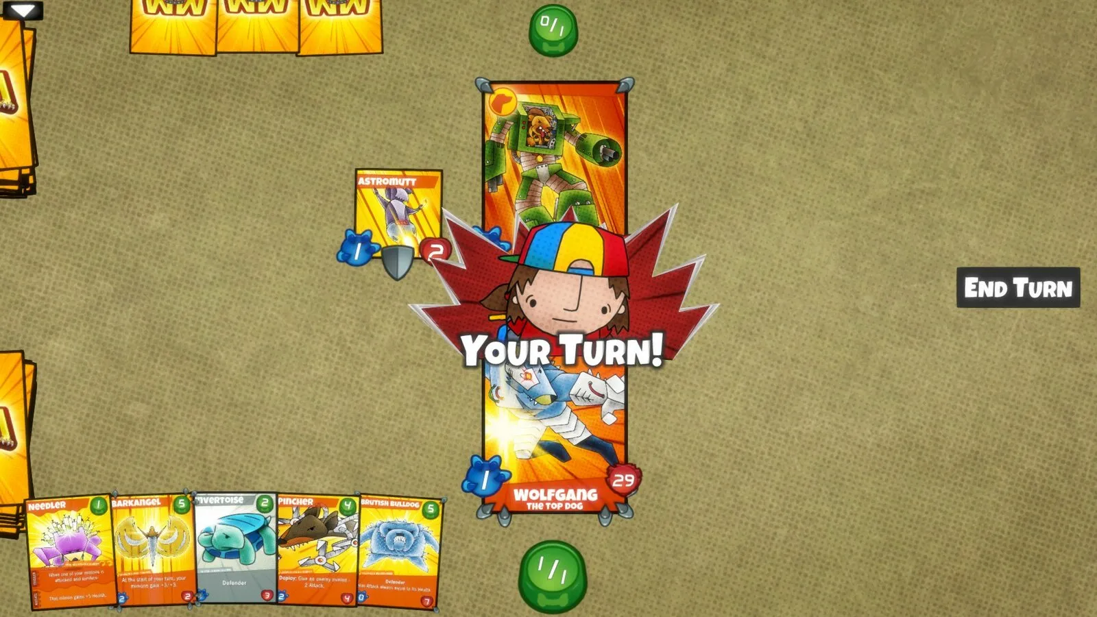 Captura Cardpocalypse – Turno Del Jugador Con Cartas Desplegadas Y Un Personaje Principal Al Centro