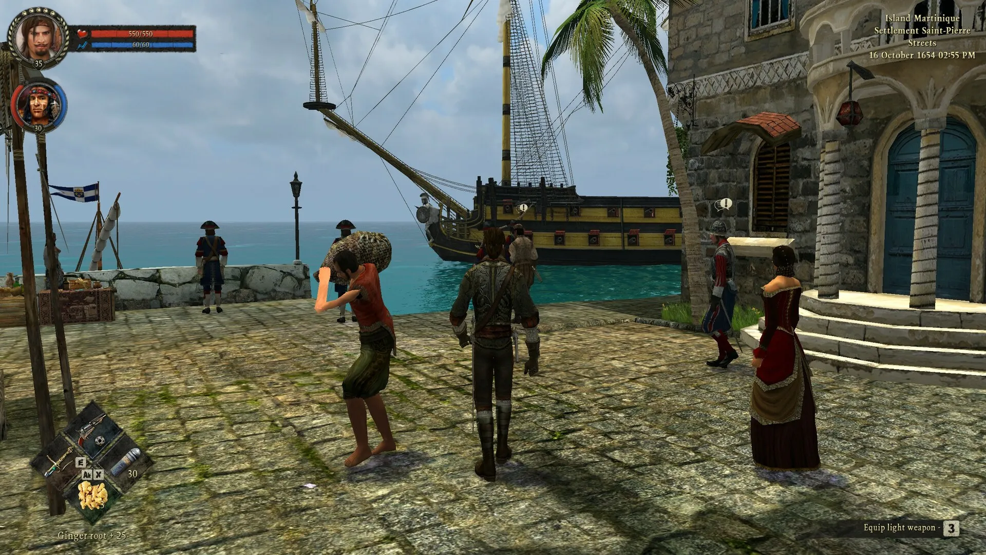 Captura Caribbean Legend Personajes Interactuando Frente A Un Puerto Colonial