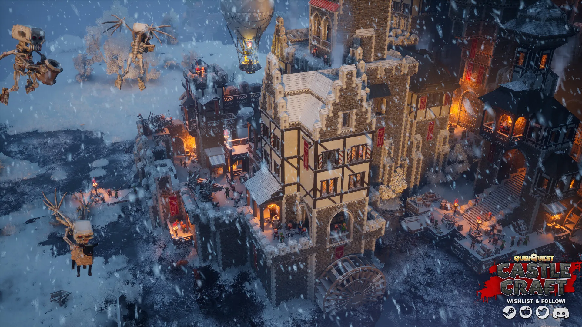 Captura Castle Craft Pueblo Iluminado De Noche Bajo La Nieve Con Edificios Medievales De Madera Y Piedra